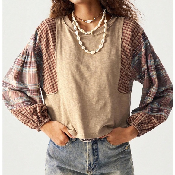 Cozy Plaid Print color Block Oversized Top - Picture 5 of 8